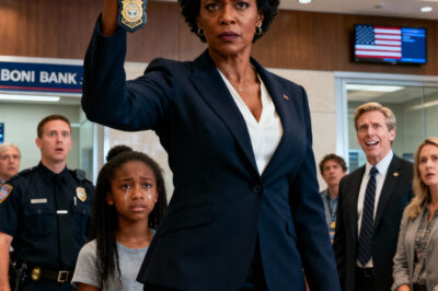 As soon as I walked into the bank lobby, I heard someone shout, “That Black girl! Call the police on her!” I saw my daughter standing frozen, eyes red, while two security guards moved toward her. My heart clenched. I marched straight toward them, my voice cold as steel: “Let her go.” The branch manager turned, smirking—until I held up my badge. His smile vanished instantly. “I’m the CEO of this bank. And that is my daughter.”