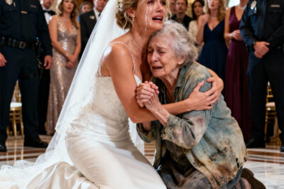 In the middle of the lavish wedding, an elderly beggar quietly walked in, only hoping for a glass of water. Guests murmured in annoyance, and security moved to drag her out—but the bride froze the moment she saw the woman’s face. She rushed forward, dropping to her knees before her, shocking the entire hall. Her voice trembled: “Mom… I’m sorry. I never imagined you were still alive… or still searching for me.” The room turned to ice.