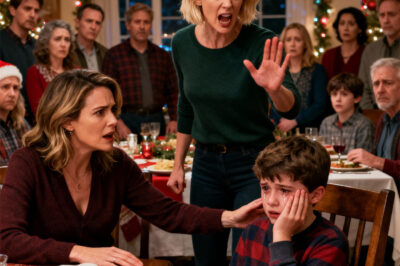 At Christmas dinner, my sister stood up and slapped my child across the face in front of the whole family. They all looked at me—waiting for me to shrink, apologize, and disappear like every other year. But this time… I sat up straight. No tears. No walking away. I opened my notebook and quietly wrote down every word they said, every glance they turned aside. My husband rested his hand on my shoulder, steady as steel. And when the undeniable truth finally came to light… my family realized something: they had just lost the control they thought they owned.