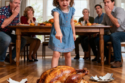 At Thanksgiving dinner, my five-year-old daughter suddenly screamed, ran to the table, and threw the entire turkey onto the floor. The whole family froze. I knelt down, trying to stay calm, and asked, “Why did you do that?” She panted, lifting her hands like she had just saved the world. “Because I saved everyone!” No one understood… until she whispered the words that turned the entire room to ice.