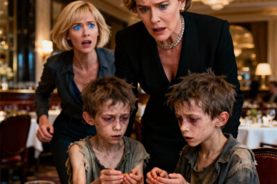 In the middle of the upscale restaurant, two scruffy little twin boys approached the table of the wealthy woman. One of them timidly asked, “Ma’am… could we have some leftover food, please?” She looked up—and her heart nearly stopped. Those eyes, that nose… identical to the two sons she had been searching for for years. Her voice trembled as she whispered, “Who… are you? Why do you look so much like their mother?” The twins looked at each other—and their reply began to unravel a devastating secret.