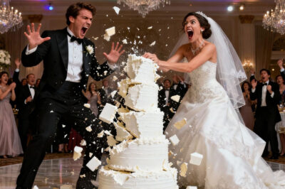 As I lifted the knife to cut the wedding cake, my sister hugged me tightly and whispered, “Push it over. Now.” I glanced at her, then at my smiling groom. Without thinking, I slammed the cake cart, sending the entire three-tier cake crashing to the floor as guests screamed. In the chaos, my sister grabbed my wrist and dragged me toward the side exit. “Run,” she hissed, her face pale. “You have no idea what he planned for you tonight.”