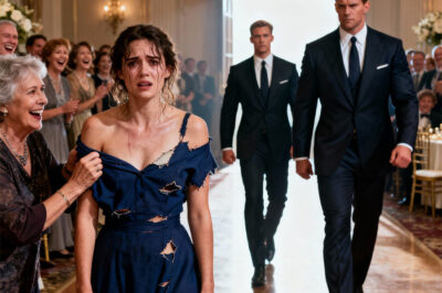 My husband’s relatives surrounded me in the crowded venue, sneering, “Take off your dress. Let’s see what’s so ‘beautiful’ that makes you think you deserve to join this family.” I froze, my hands trembling with anger and humiliation, and no one on their side defended me—only cruel laughter filled the air. I bit my lip, fighting back tears. But then the atmosphere shifted. My two brothers—billionaires they assumed I’d never dare mention—walked in, the floor seeming to shake as they stepped forward and stood between me and the others. My eldest brother stared directly at my in-laws, his voice low and icy: “Touch my sister again… and you’ll lose far more than your cheap pride.” The entire room fell silent.