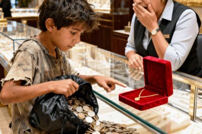 A ragged boy silently entered the luxurious jewelry store and poured thousands of cold coins onto the gleaming glass.