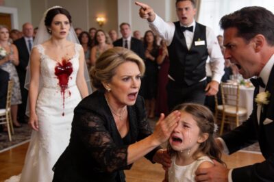 At my sister’s wedding, the music suddenly stopped when my mother slapped my little girl across the face. “Why did you spill wine on the wedding dress?!” she screamed, her voice echoing through the entire hall. My sister’s groom stormed toward us, anger blazing in his eyes. “You’ll pay for what you’ve done!” My daughter trembled, tears streaming down her cheeks. “I didn’t do it! Please, believe me!” she cried. But no one did. The guests whispered, cameras flashed, and my family looked at me with disgust. Then, a waiter nervously spoke up, “Ma’am… we can review the security footage.” In that moment, my mother’s smug look faded — and the groom’s face went pale.