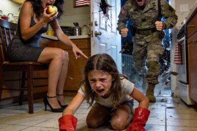 The little girl, with tears welling up in her eyes, her small hands clad in red gloves, was wiping the floor. Her stepmother stood beside her, shouting, “Clean it up! If you don’t finish, you won’t get to eat!” Suddenly, the door burst open. Her father—a soldier—had come home earlier than expected. He froze, then roared, “My daughter… who did this to her?!” The stepmother’s face turned pale, and the little girl whispered, “Dad… it hurts so much…” And the father’s rage began to mount…