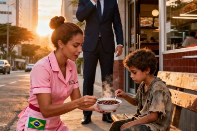 Everyone ignored the barefoot boy crying in the rain — until a poor cleaning lady gave him the only meal she had… seconds later, his father arrived and everything changed.